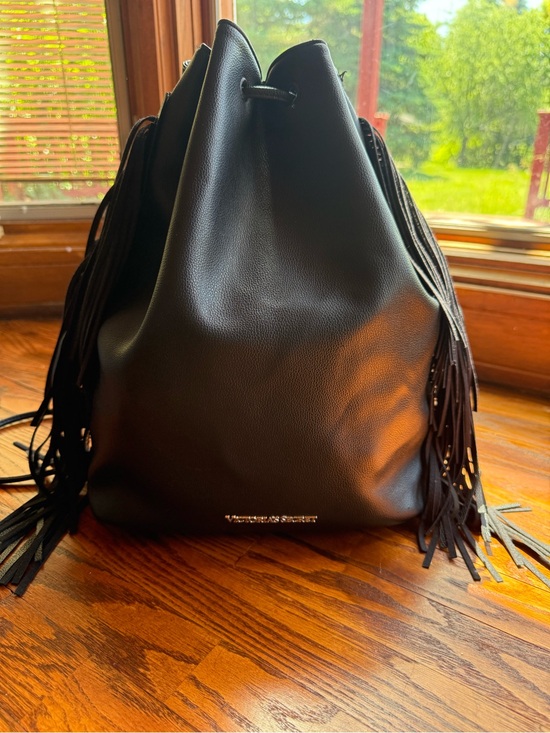 Victoria's Secret Handbags - Victoria's Secret Black Fringe Drawstring Shoulder Bag